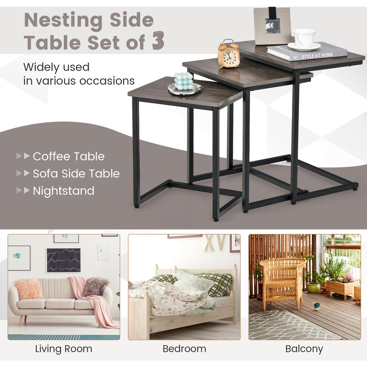 Tangkula Nesting Table Set of 3, Rectangle Stacking Side End Table w/Wood Top & Metal Legs, Adjustable Foot Pads, C-Shaped Accent Coffee Tables for Small Spaces, Living Room (C-Shaped, Gray, 3-pc) Tangkula