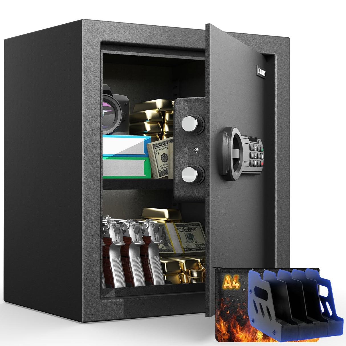 2.3 Cu.Ft Modern Fireproof Safe with Gun Rack – Dual Passwords, Fireproof Bag, Adjustable Shelf, Anti-Scratch Mat & Mounting Kit, Fits Laptop, Documents & Valuables, 15.75"D x 13.78"W x 13.78"H GOLDENKEY