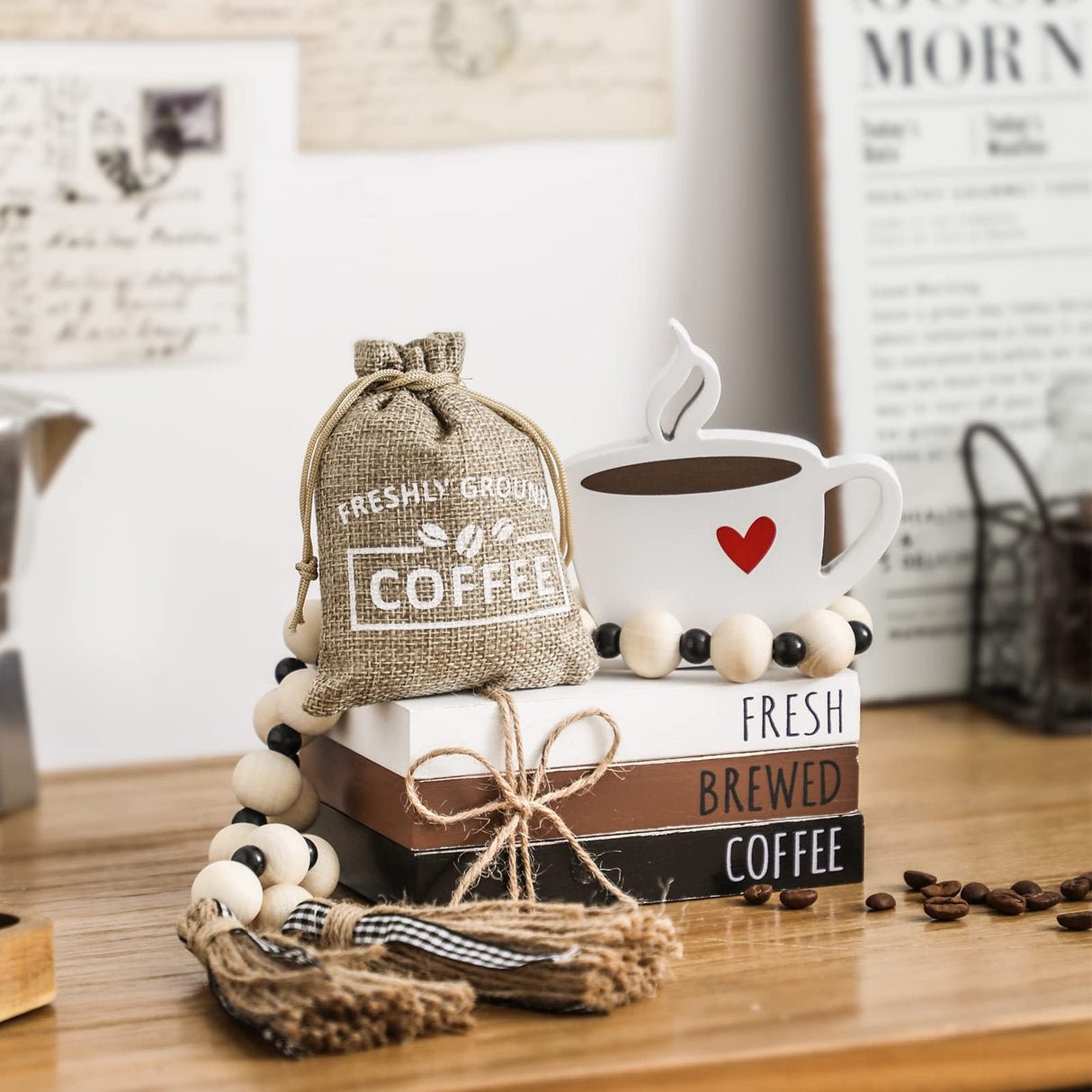 6 PCS Coffee Bar Decor Mini Coffee Bar Accessories Coffee Bar Sign Coffee Tiered Tray Decor Coffee Wooden Book Stacks Rustic Farmhouse Coffee Table Sign WODOHOLO