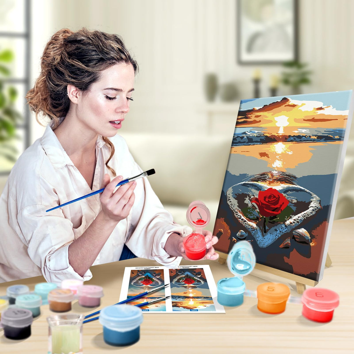 JOOZ Paint by Numbers Kit for Adults with Frame, Beach Sunset Paint by Number with Easel, DIY Beach Rose Oil Painting by Number, Easy Adult Paint by Number Kits on Canvas for Wall Decor 8 x 12 Inch JOOZ