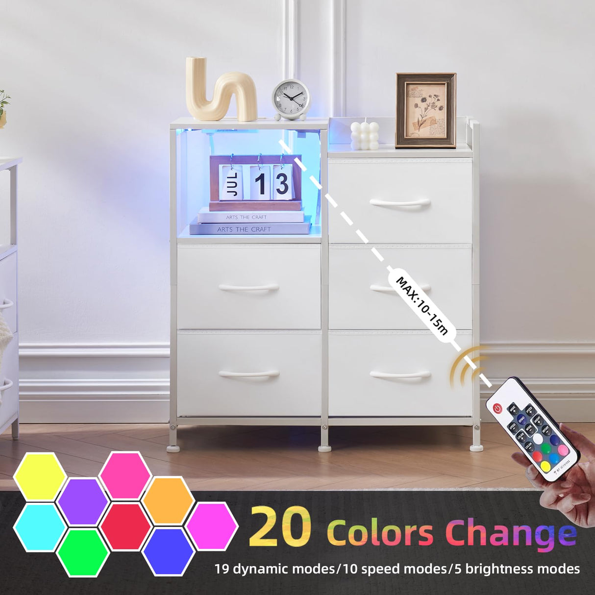 Somdot White Nightstand with Charging Station and LED Light, Wide 5 Drawers Dresser for Bedroom with Fabric Bins and Open Shelf for Bedroom Kids Closet Dorm Guest Room, White Leather Somdot