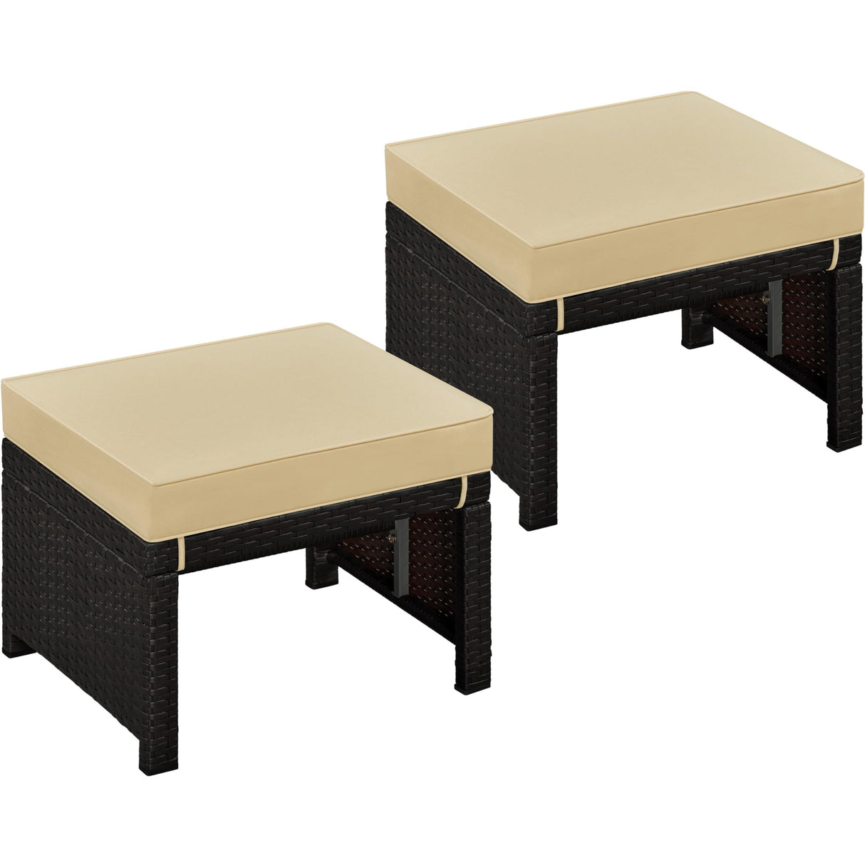 Yaheetech Wicker Ottomans, Set of 2 Footrest with Removable Cushion, 2pcs PE Rattan Side Table Additional Seating Multipurpose Outdoor Furniture for Patio, Backyard, Brown/Khaki Yaheetech