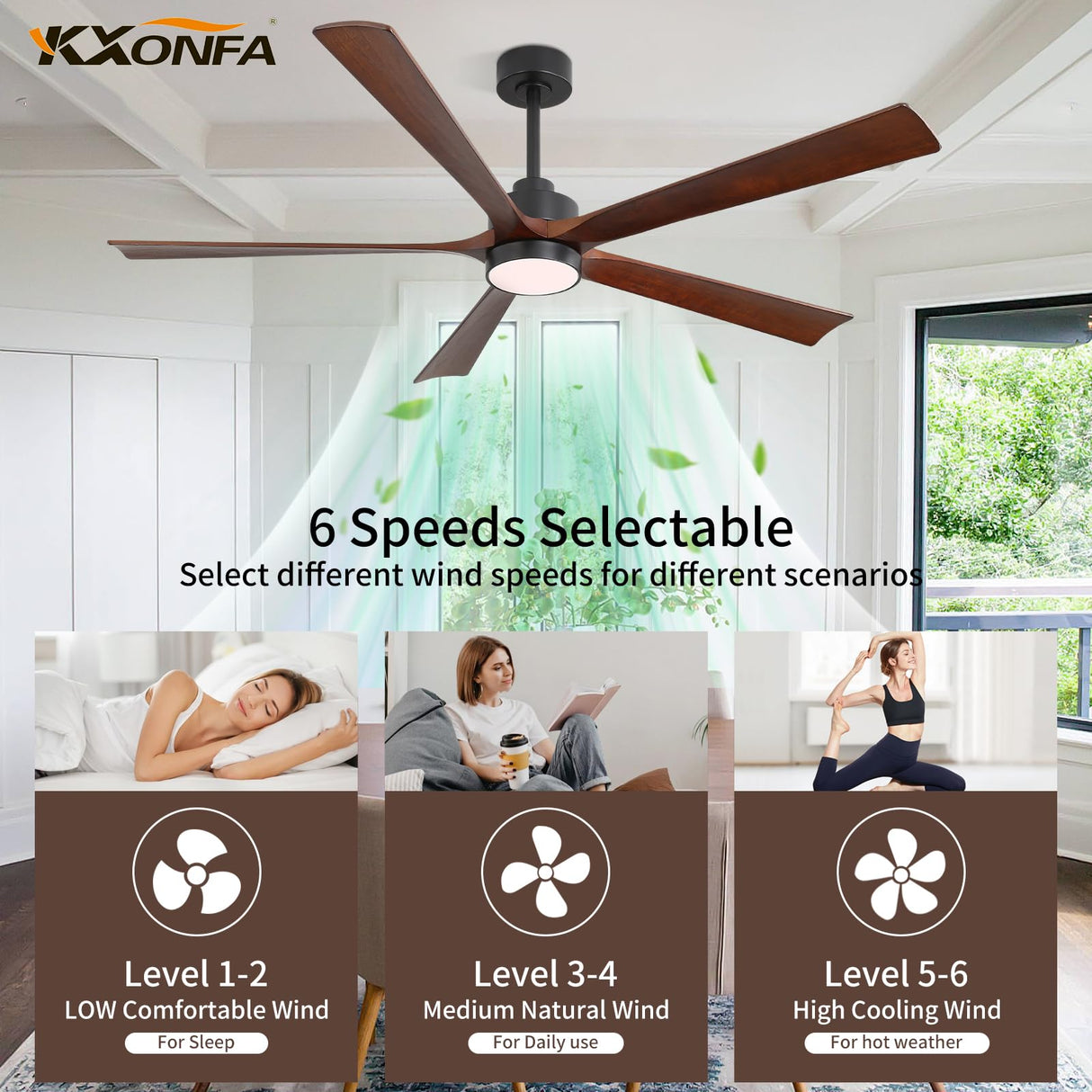 YKXONFA Ceiling Fans with Lights, Ceiling Fans with Lights and Remote,60 inch Modern Smart Ceiling Fan with Light for Patio Living Room, Bedroom, Office, Summer House (dark walnut, 60) YKXONFA
