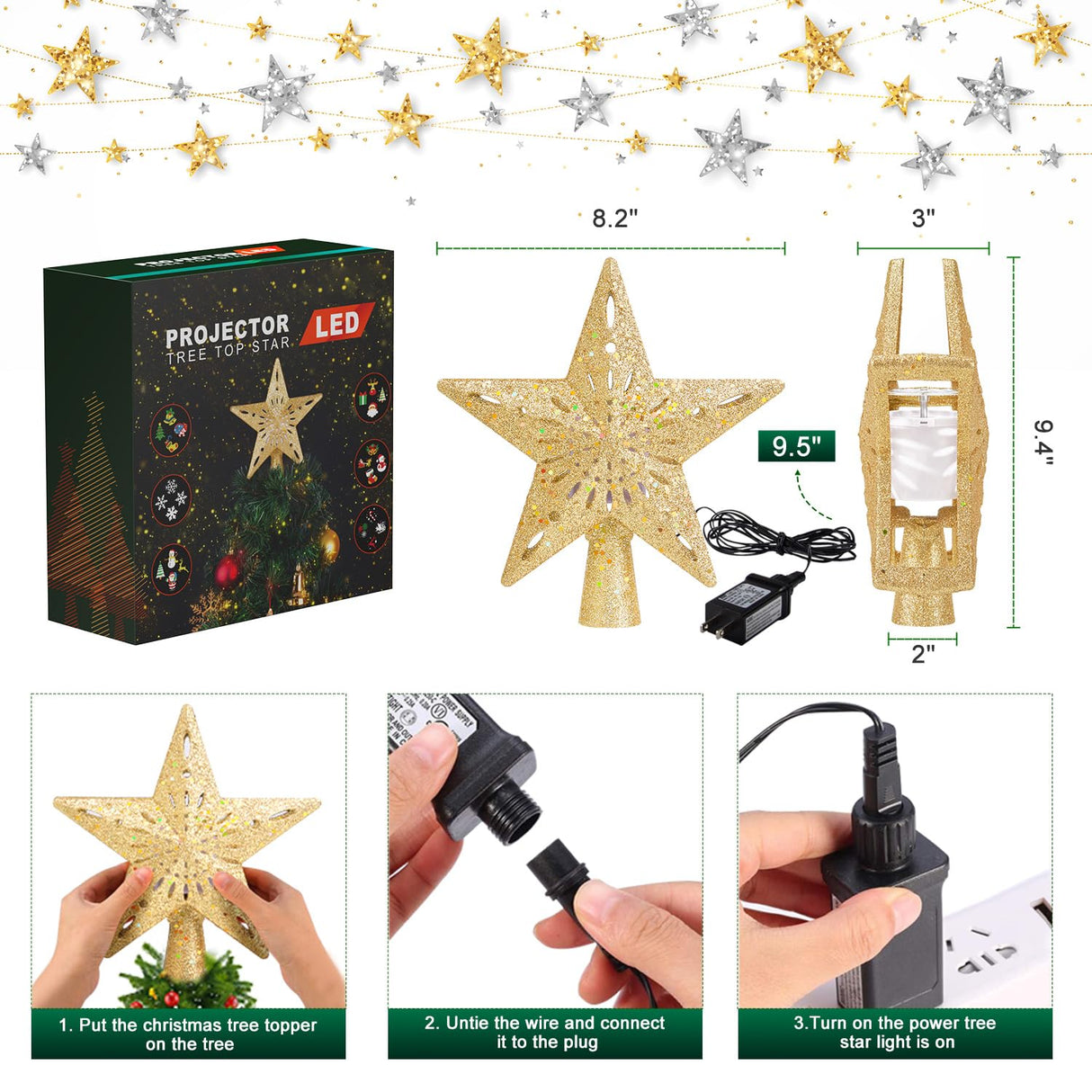 Kesfitt Christmas Tree Topper Golden Lighted with 6 Projection Modes,Christmas Tree Star Built-in LED Rotating Lights, 3D Glitter Dynamic Projection for Xmas Party Holiday Decorations Kesfitt