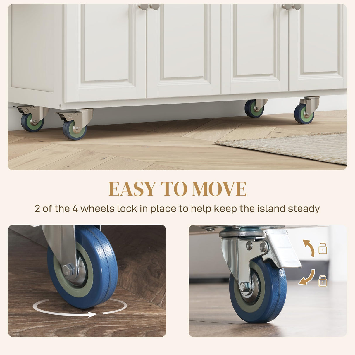 HOMCOM Rolling Kitchen Island Drop Leaf, Kitchen Cart on Wheels, Solid Wood Top Breakfast Nook with Storage Drawers, 4-Door Cabinets and Spice Rack, Cream White HOMCOM