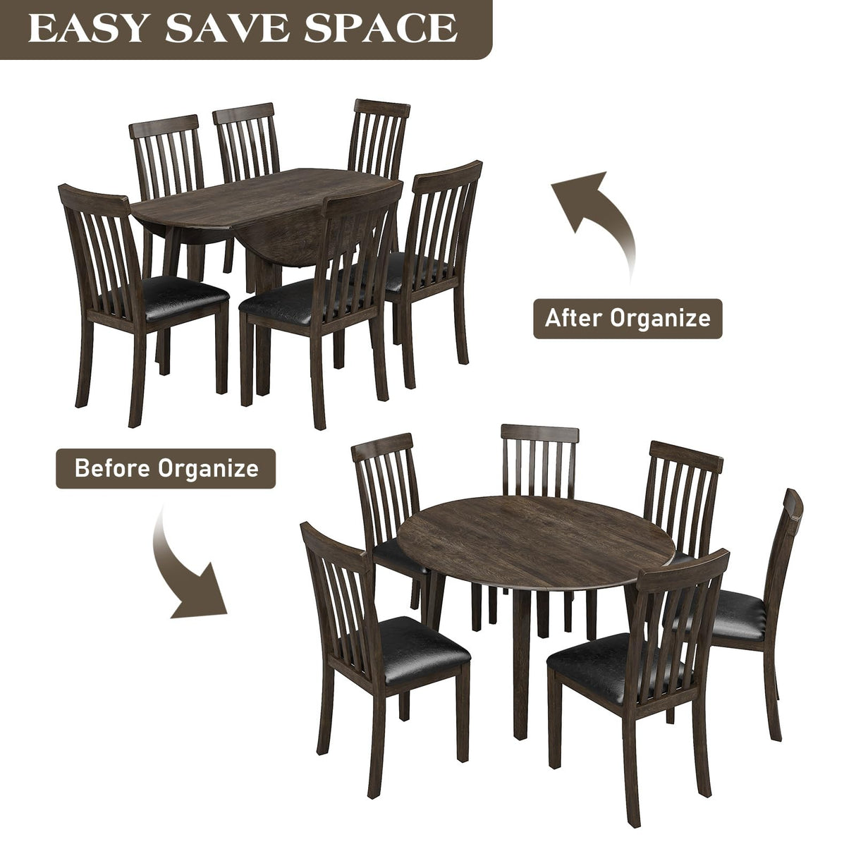 LUXOAK 7 Piece Round Dining Table, 48 inch Round Extendable Kitchen Table for 6 People, Solid Wood Modern Farmhouse Round Table Set Space Saving Small Space for Dining Room, Kitchen Living Room LUXOAK