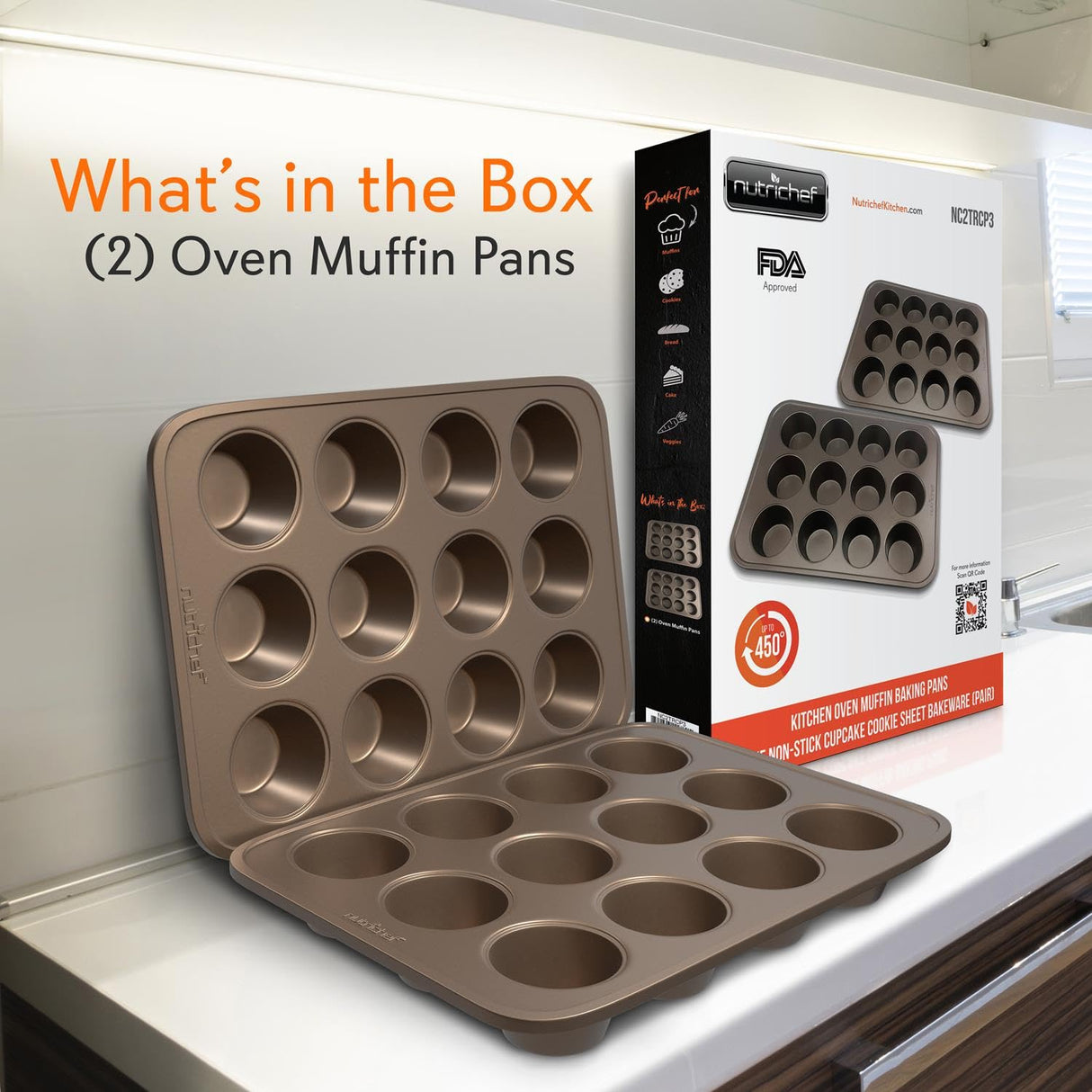 NutriChef Muffin Pans for Baking, Nonstick 2-Piece Cupcake Tin w/ 12-Cups, Carbon Steel Stackable Cup Cake Tray, Dishwasher Safe - Gold NutriChef