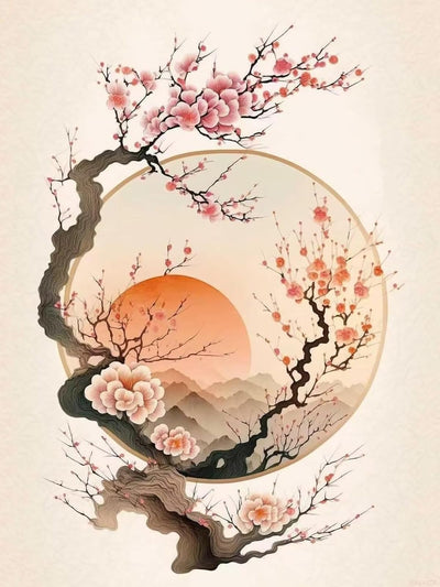 Diamond Painting Peach Blossom Set, 5D Chinese Style Adult Diamond Art, Full Diamond Painting Kit, Gem Art Painting Red Sun, DIY Diamond Painting Kit for Beginners 12x16 inch