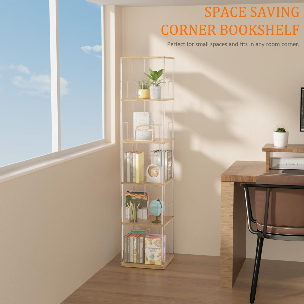 TAKEKIT 360° Rotating Bookshelf, 5-Tier Spinning Book Shelf Tower with Solid Wood & Clear Acrylic, Square Revolving Bookcase for Living Room, Bedroom and Office TAKEKIT