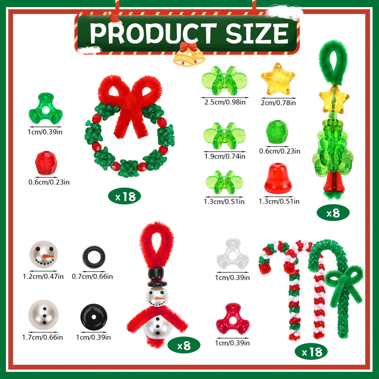 UPINS Christmas Beaded Ornament Kit, 52 Set Christmas Beaded Crafts Ornament Kit Mini Tree Snowman Candy Cane Wreath Make DIY Accessories for Hanging Wreath Cane Jewelry Making UPINS