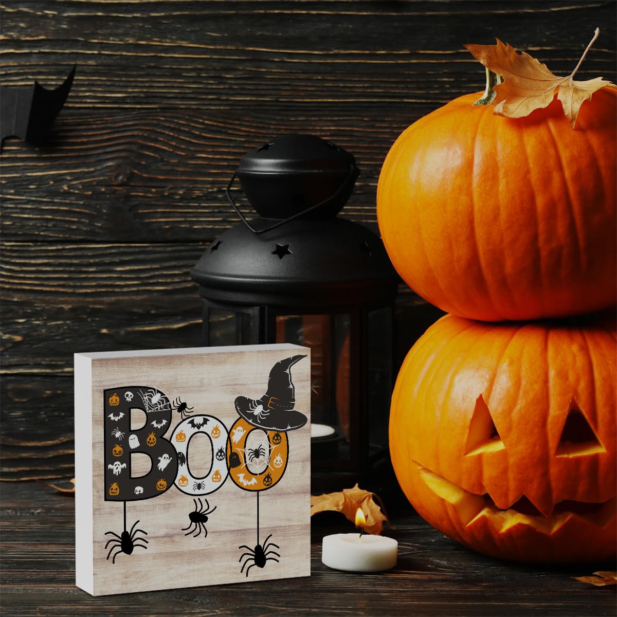 Rustic Boo Witch Spider Halloween Wooden Box Sign Cute Fall Sign Decor Farmhouse Decorative Wood Box Sign Block Plaque for Wall Desk Home Bathroom Decoration 5 x 5 Inches WRSUNT