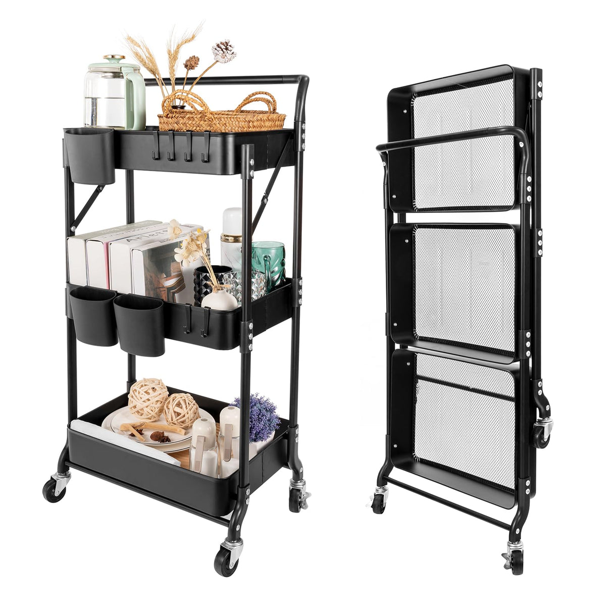 3 Tier Foldable Rolling Cart with Wheels, Folding Utility Cart Organizer, Collapsible Rolling Storage Cart with 3 Hanging Cups & 6 Hooks for Kitchen, Office, Nursery(Black) Amatic