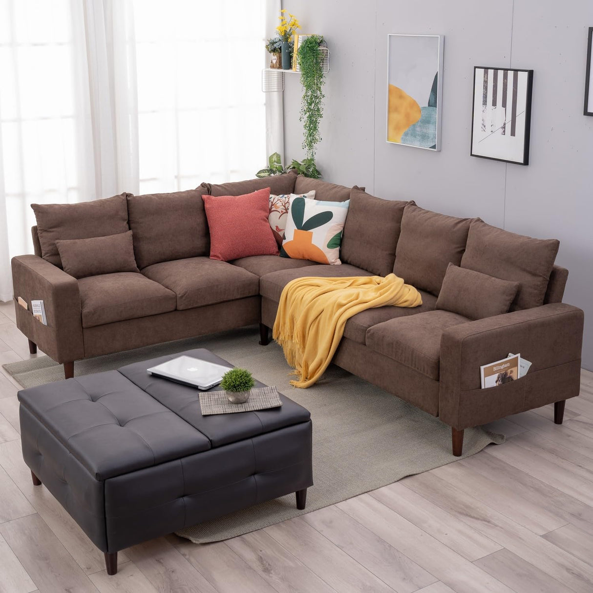 Panana 6 Seats Linen Fabric Large SECTIONAL Corner Sofa Settee - Sofa for Living Room-Left/Right-Hand Side Sofas, Brown Panana
