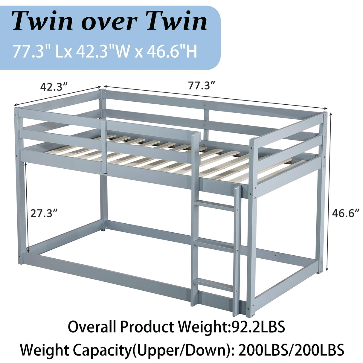 Mirightone Bunk Bed Twin Over Twin, Floor Bunk Bed with Ladder, Solid Wood Low Twin Bunk Beds for Kids Teens, Ideal for Multiple-Child Family, Apartment, Dormitory, No Box Spring Needed,Grey Mirightone