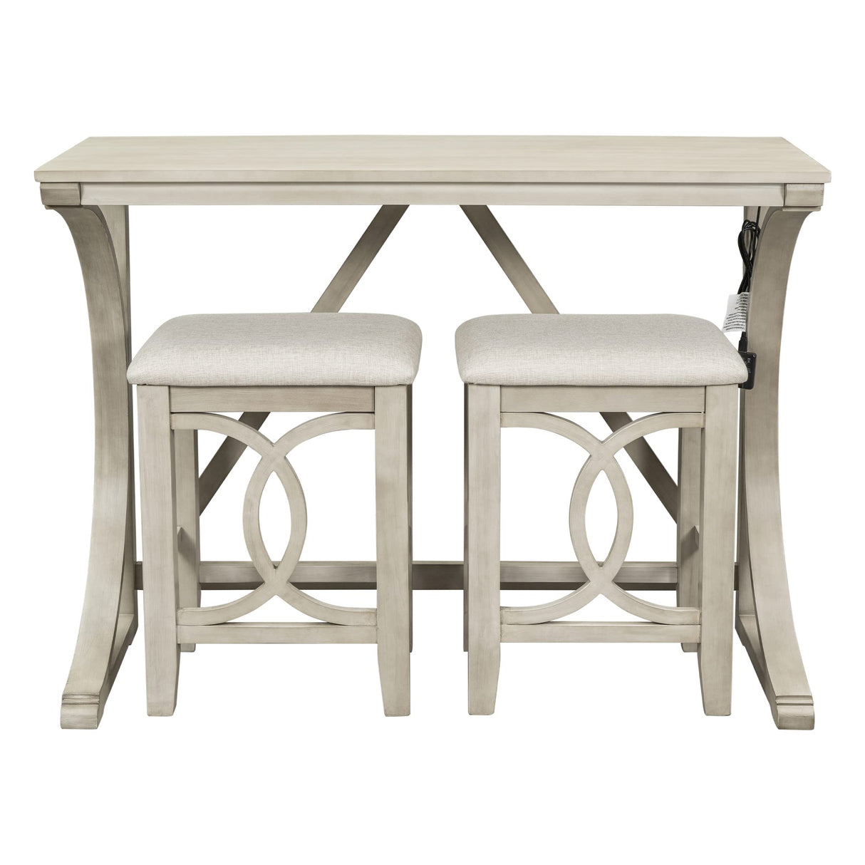RuiSiSi Bar Table and Chairs Set, Farmhouse Counter Height Kitchen Table Set with USB Port and 2 Upholstered Stools, Wood Bar Table Set for Dining Room, Living Room, Apartment, Milky White RuiSiSi