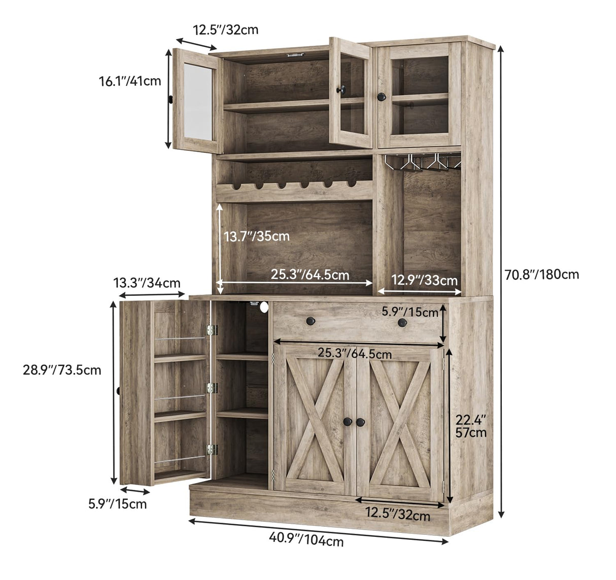 YITAHOME Kitchen Pantry Cabinet with Wine Rack & Power Outlet, 71" H Tall Storage Cabinet with Doors, Shelves, Drawer, Goblet Holder for Kitchen & Living Room (Grey) YITAHOME