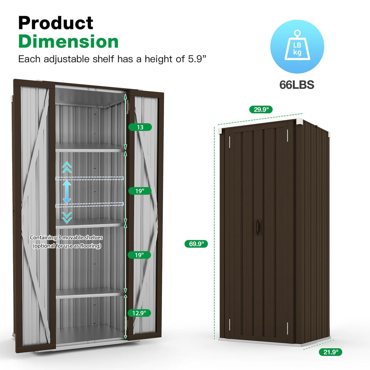 AECOJOY Outdoor Storage Cabinet Waterproof with Shelves, Vertical Tall Garden Outdoor Cabinet, Sheds & Outdoor Storage Clearance Cabinet Weatherproof for Outside in Brown AECOJOY