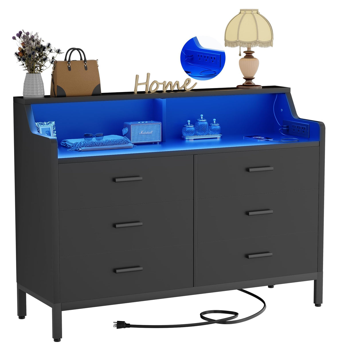 Hyomdeck 6 Drawer Dresser for Bedroom, Wooden Chest of Drawers with Power Outlets and Smart LED Light, Sturdy Modern Bedroom Furniture, Wide Storage Dresser for Living Room, Closet, Entryway, Black Hyomdeck