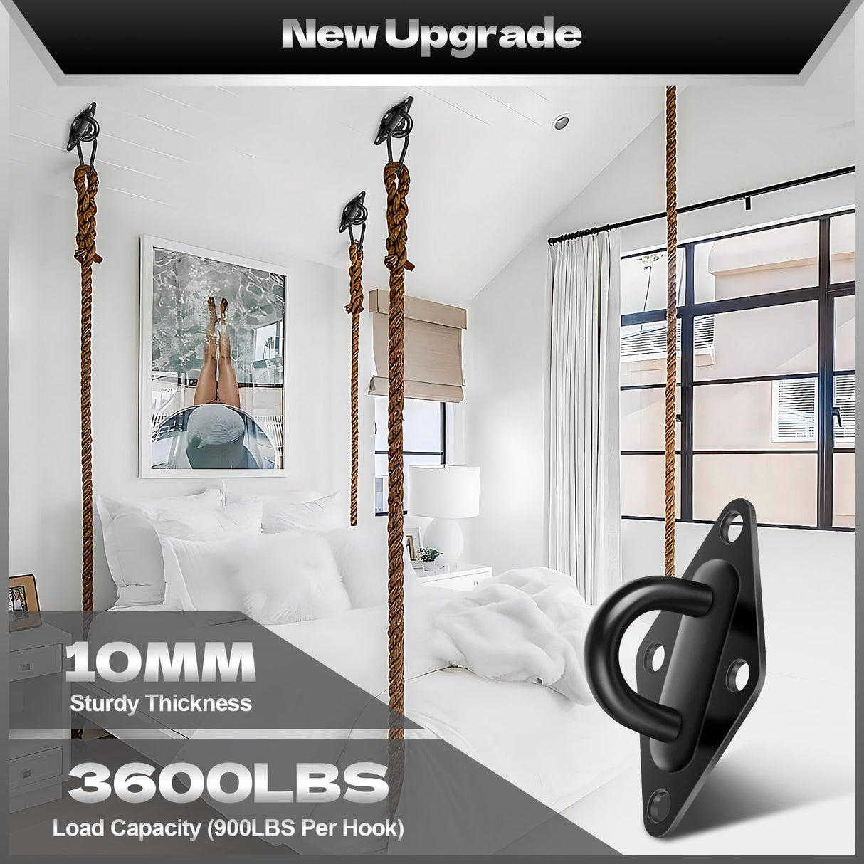 Hammock Hooks Hanging kit- Hammock Hooks Heavy Duty with 4Pcs M10 304 Stainless Steel Pad Eye Hooks, 4Pcs 10MM Snap Hooks,16Pcs Heavy-Duty Screws- Hammock hook for Wall/Ceiling Mount Indoor & Outdoor XIEKRAB