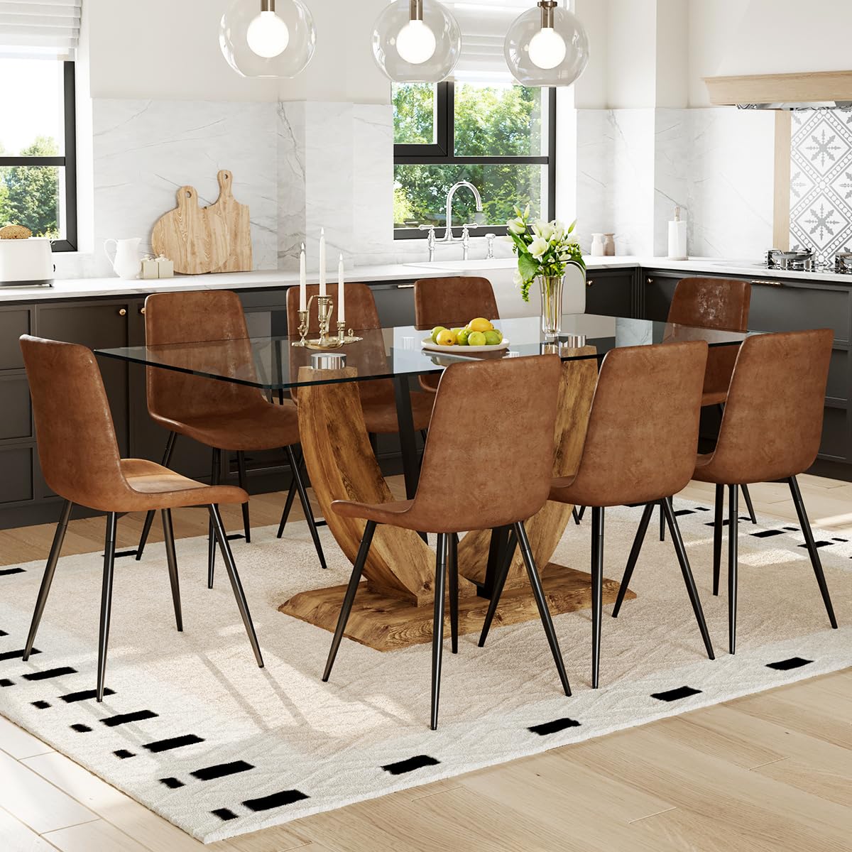 JEARGE 71" Glass Dining Table Set for 8, 9 Piece Dining Table Set,Tempered Glass Table Top with U-Shaped Legs and Fabric Dining Chairs,Ideal for Kitchens, Living Rooms JEARGE