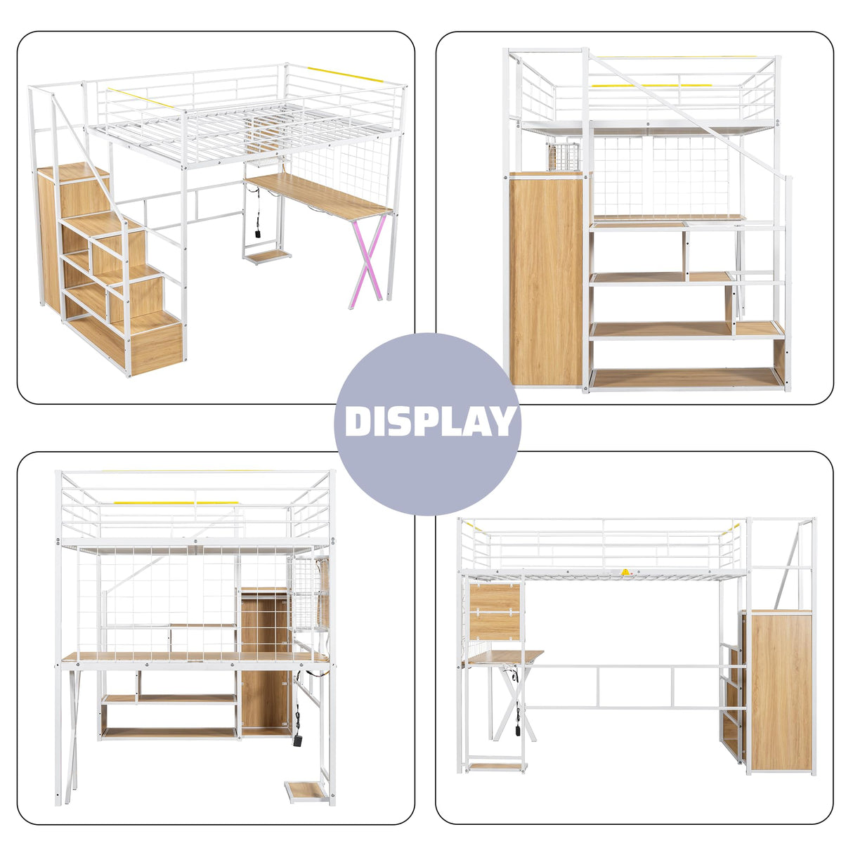 MoproBeti Full Size Loft Bed with Desk and Storage Stairs,Metal Gaming Loft Bed Full with LED Lighting, High Loft Bed with Wardrobe and Shelves for Boys,Girls,Teens, Adults,White MoproBeti