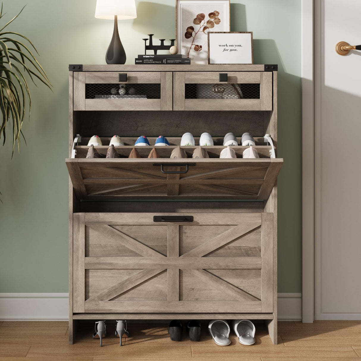 Halitaa Shoe Cabinet with 2 Flip Drawers& 2 Drawers,Farmhouse Shoe Storage Cabinet for entryway,Narrow Freestanding Shoe Rack Cabinet for Entrance,Grey Halitaa