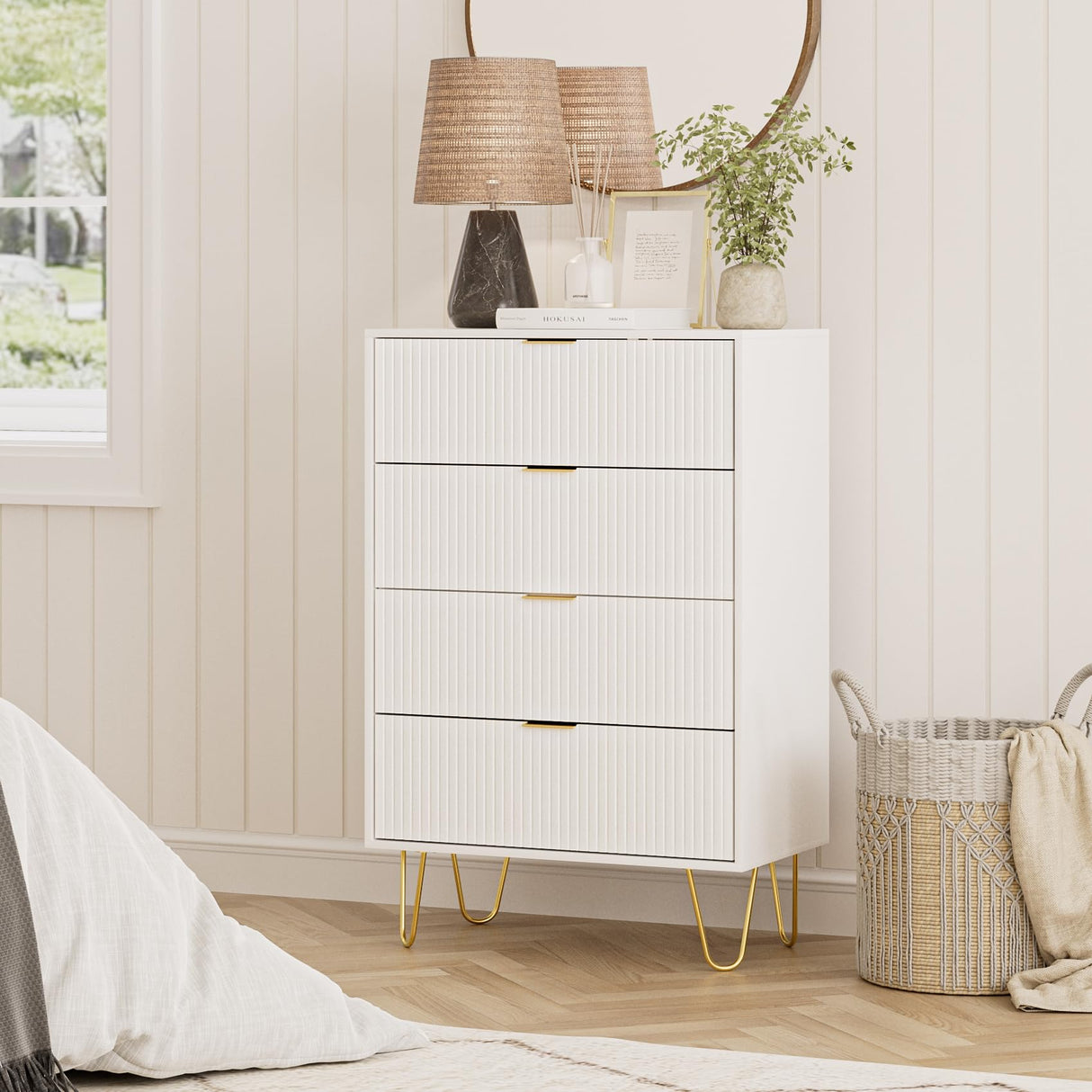 Masupu 4 Drawer Dresser, Drawer Chest, Tall Storage Chest Cabinet Organizer Unit with Metal Legs, Small Dresser for Bedroom, Living Room, Closet, Hallway White Stripe Masupu