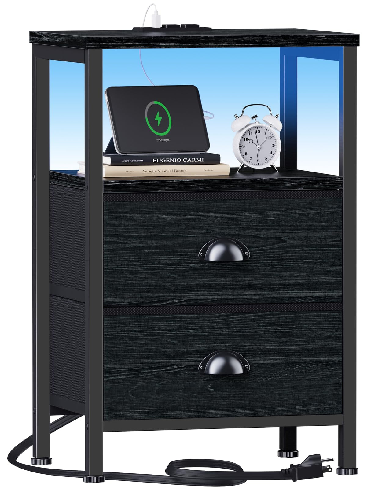 Furologee Nightstands with Charging Station, End Table with LED Lights, Black Night Stands with 2 Fabric Drawers, Bedside Tables with Shelves for Living Room/Bedroom,Black Oak Furologee