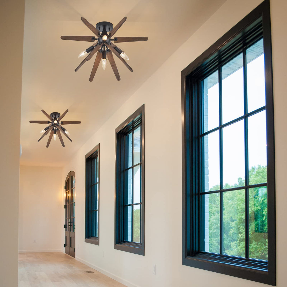 VANZARLA 4-Light Sputnik Semi Flush Mount Light Black, Wood Hallway Lights, Farmhouse Light Fixture for Kitchen, Rustic Close to Ceiling Light Fixture for Entryway Laundry Nursery Bedroom VANZARLA