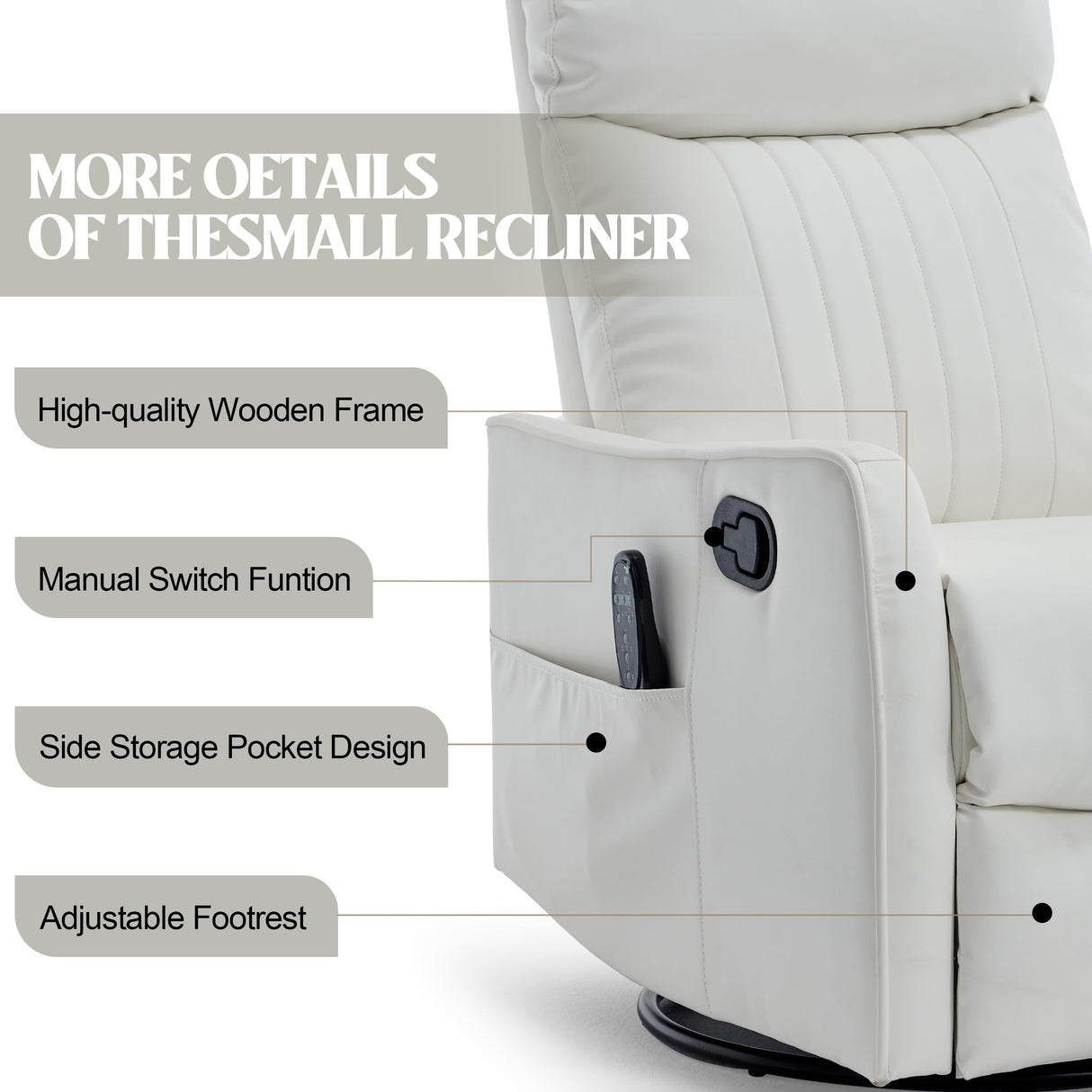 PELUMY Recliner Chair Swivel Rocking with Heat Massage - 360° Manual Recliner, 8-Point Vibrating & Lumbar Heat, Easy Assembly Chair for Living Room (Breathable Leather, White) PELUMY