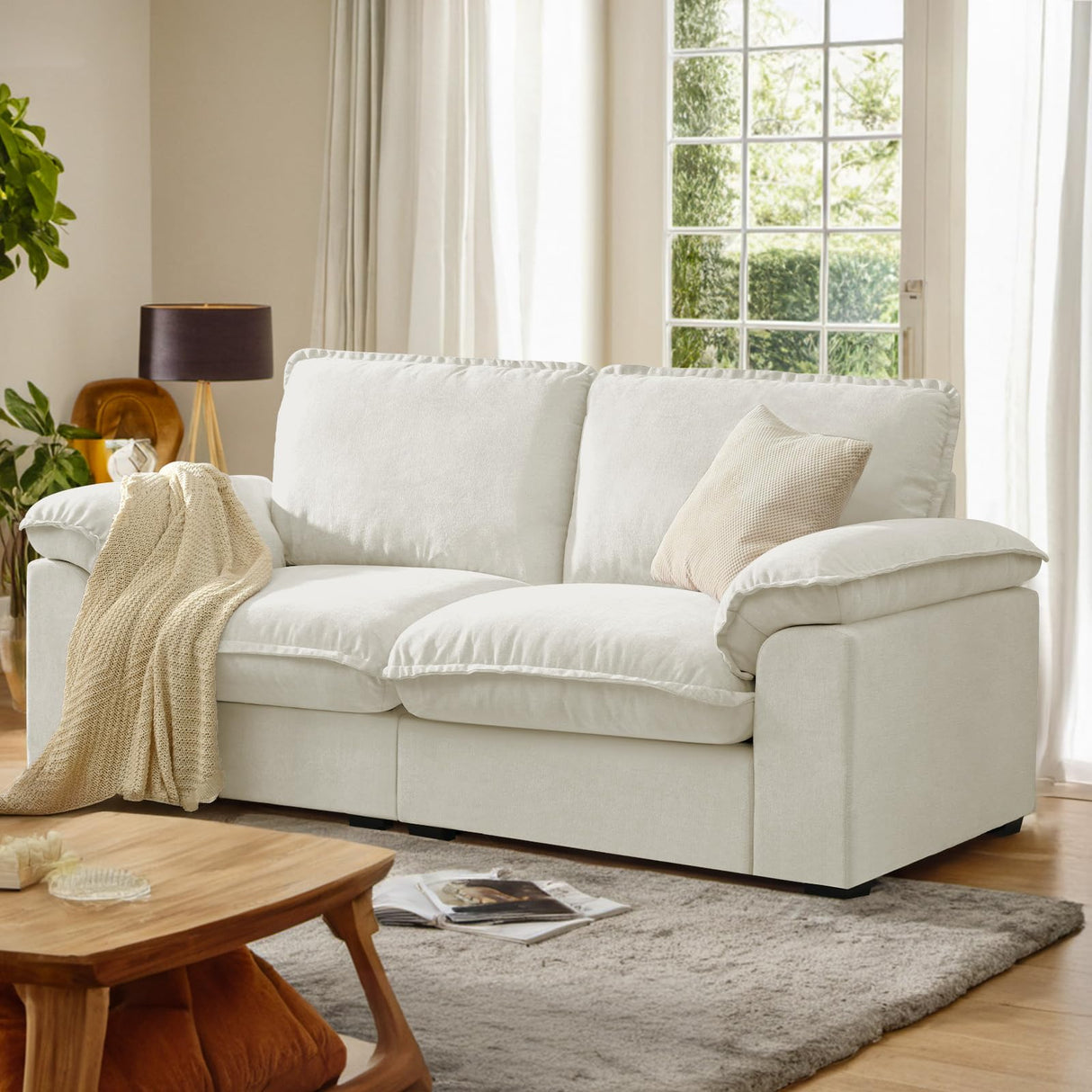 HALLYBEE 72" Cloud Couch Loveseat Sofa with Padded Armrests & Deep Seat Sofas for Living Room Apartment Office Chenille Fabric White HALLYBEE