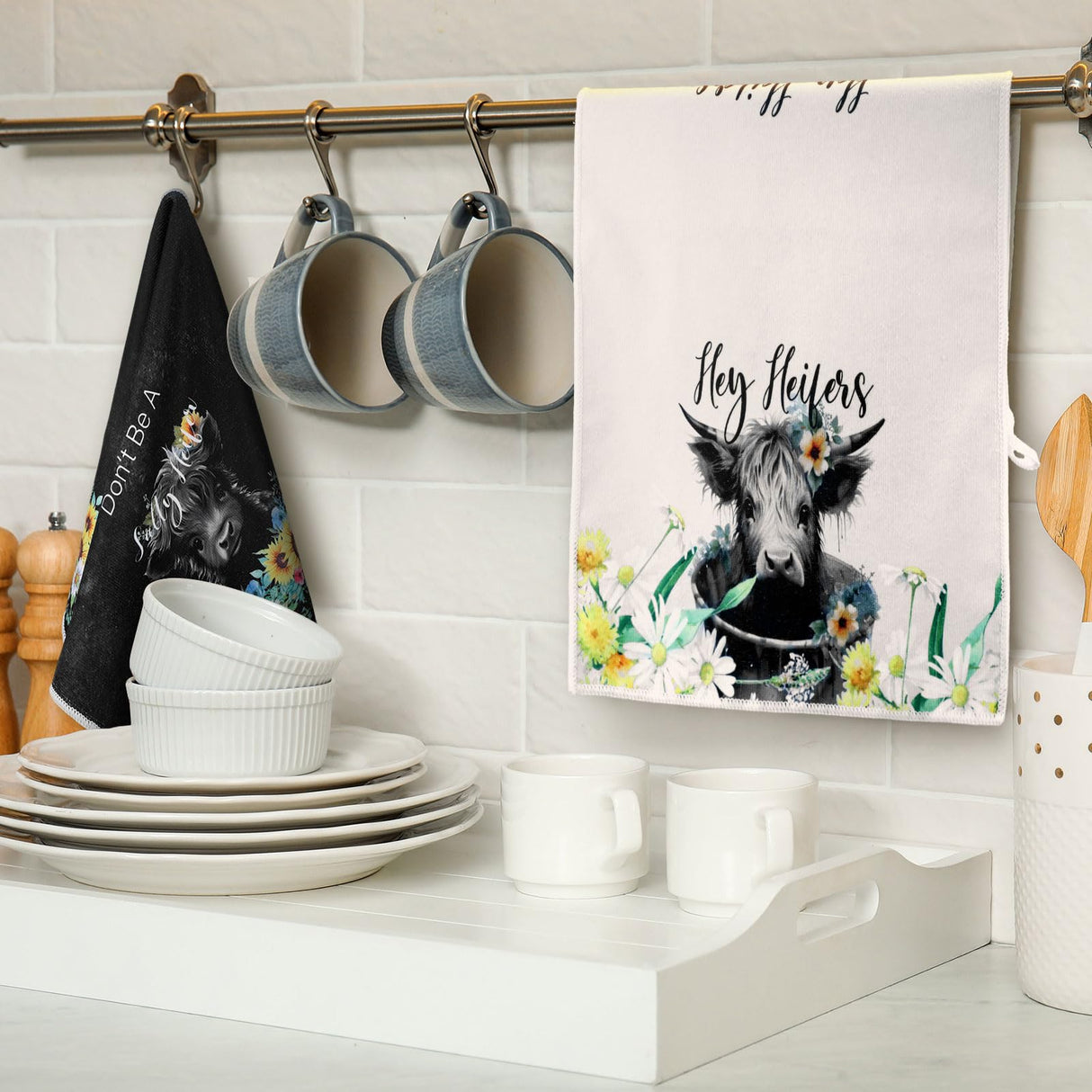 Boyiee Set of 6 Highland Cow Kitchen Towels Hello Heifers Tea Towels Absorbent Dish Towels 24 x 16 Inches Kitchen Gifts Just Who Loves Cow Hand Towels for Farmhouse Kitchen Bathroom Decorations Boyiee
