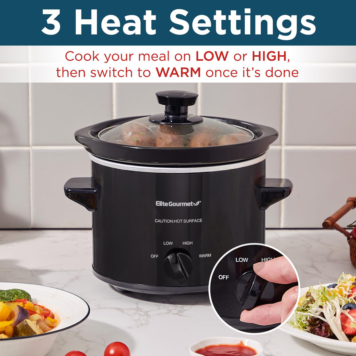 Elite Gourmet MST239X Electric Round Slow Cooker, Adjustable Temp, Entrees, Sauces, Stews & Dips, Dishwasher Safe Glass Lid & Crock, 2 Quart, Black Elite Gourmet