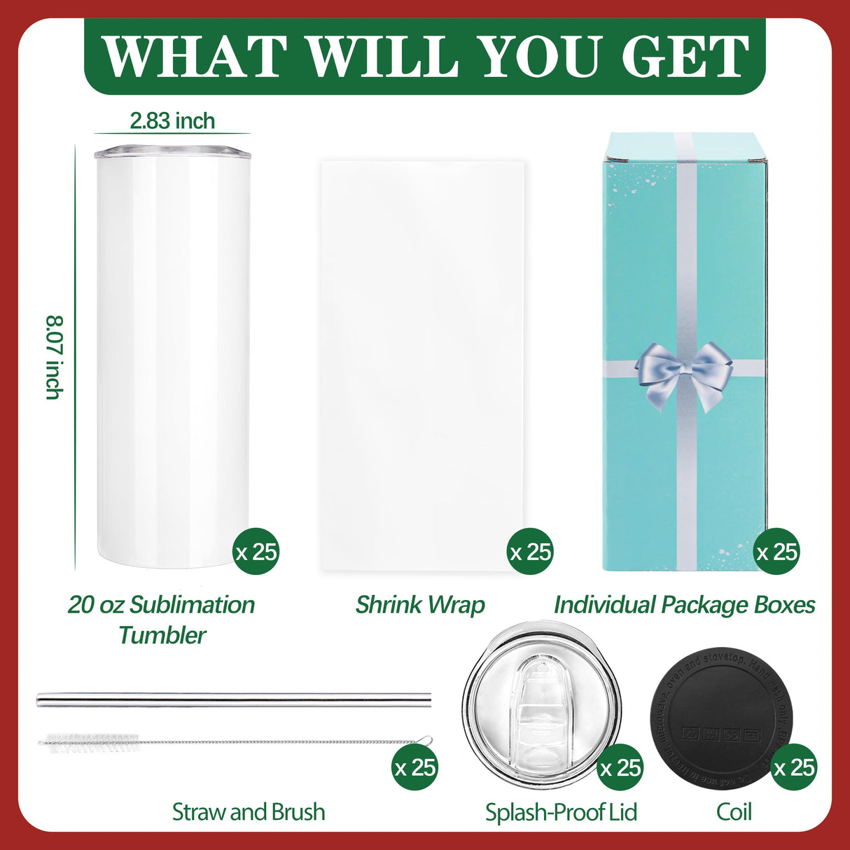 Joyclub 25 Pack Sublimation Tumblers 20 oz Bulk Blank Tumblers Skinny Straight Flat Edge Cups White with Lid and Straw for Heat Press Joyclub