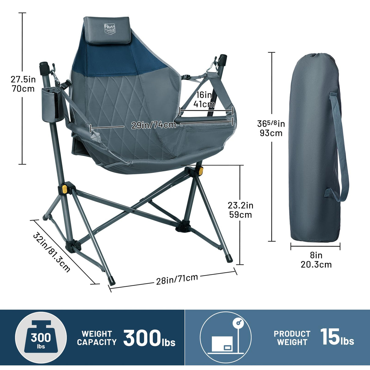 TIMBER RIDGE Hammock Camping Chair with Adjustable Backrest, Heavy Duty Folding Hammock Chair Supports 300lbs, Portable Hammock Chair for Camping, Travelling and Patio, Blue TIMBER RIDGE