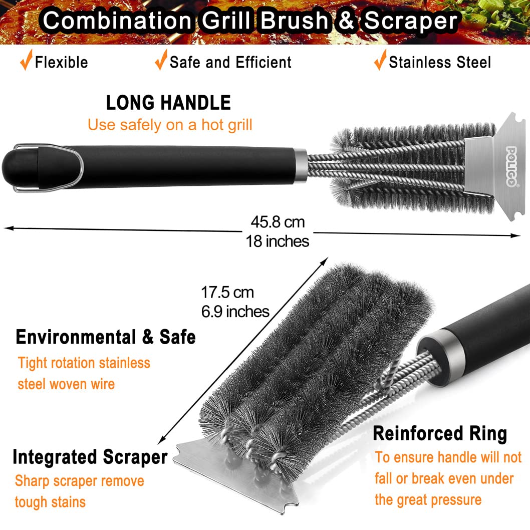 POLIGO Safe Grill Brush and Scraper with Deluxe Handle - 18" Grill Cleaner Brush Stainless Steel Bristle Grill Brush for Outdoor Grill Wizard Grate - BBQ Brush for Grill Cleaning Ideal Grilling Gifts POLIGO
