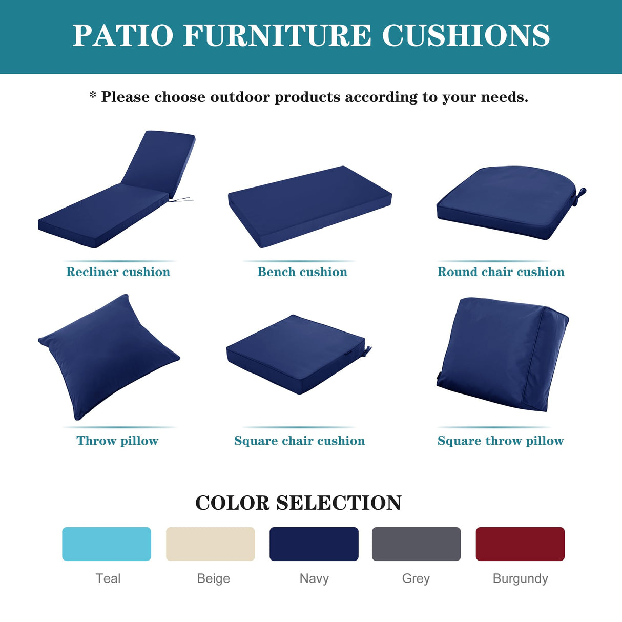 Comcaver Outdoor Chair Cushions 24x24 Inch, Waterproof Fade Resistant Deep Seat and Backrest Cushion Set for Patio Furniture, Navy, 1 Set Comcaver