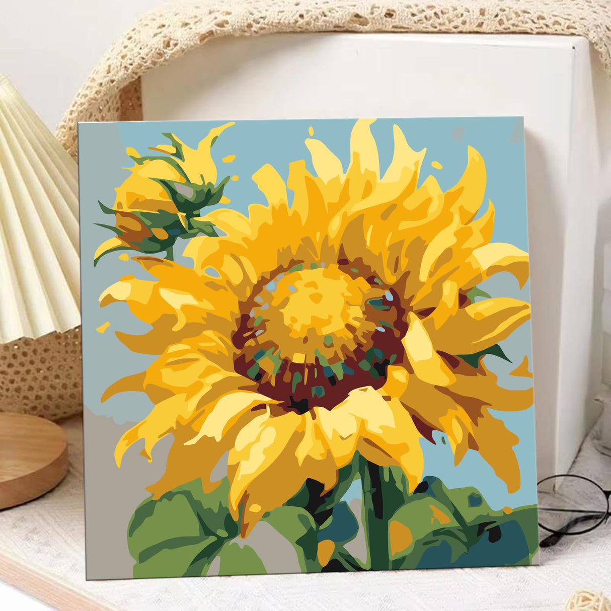 hkejoi Sunflower Paint by Numbers Kit for Adults, Flowers Paint by Numbers Framed and Easel, DIY Crafts Painting by Number for Home Wall Decor Gift 9.84x9.84 inch hkejoi