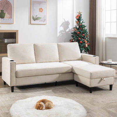 Siiejia Convertible Sectional Couches for Living Room, L-Shaped Couch 3 Seats Sofas with Storage Chaise & 2 Cup Holders, Small Sofa for Apartment, Compact Spaces, Beige