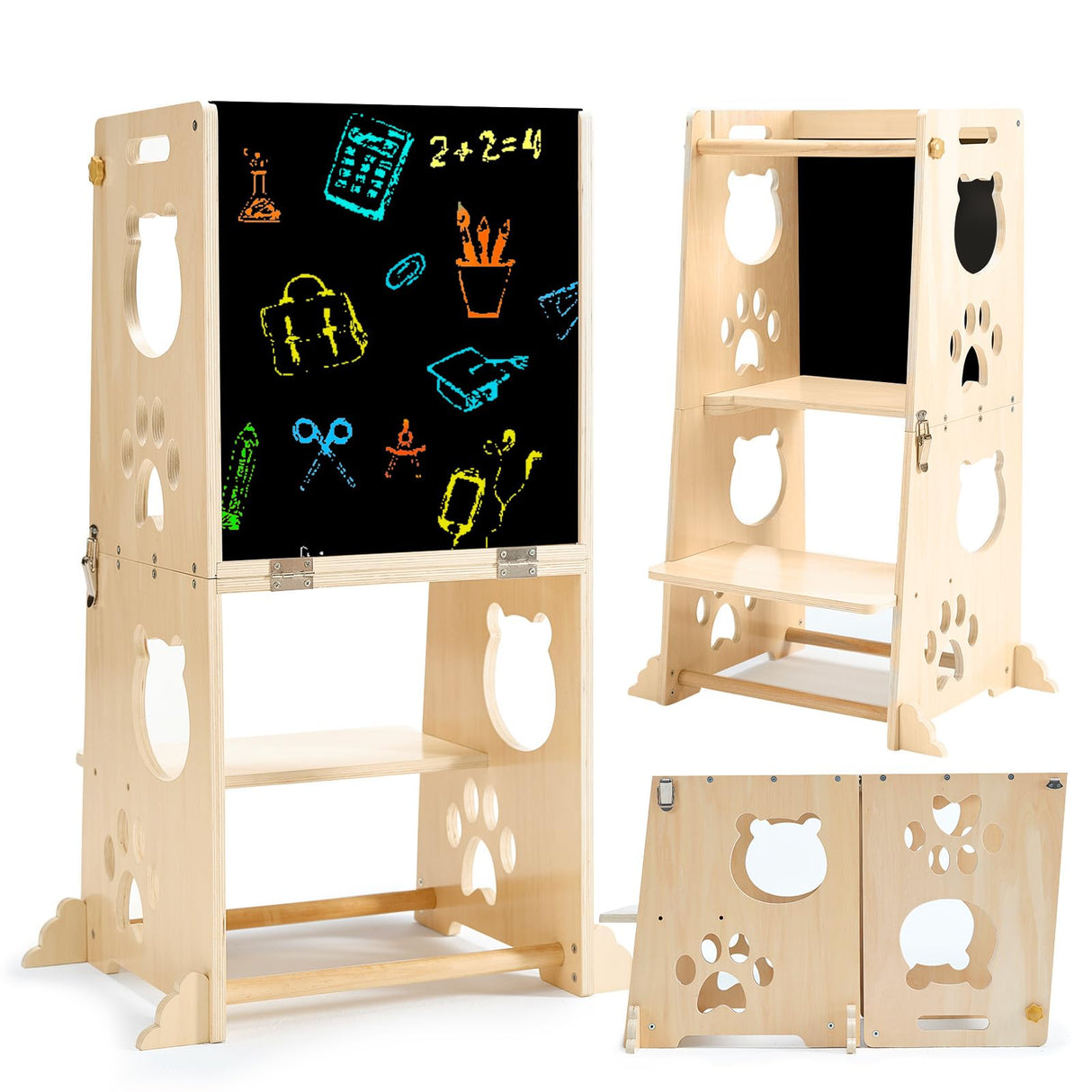 FOBIG Collapsible Toddler Kitchen Step Stool With Chalkboard, Safety Rail, and Standing Tower for Kids 1-3 FOBIG