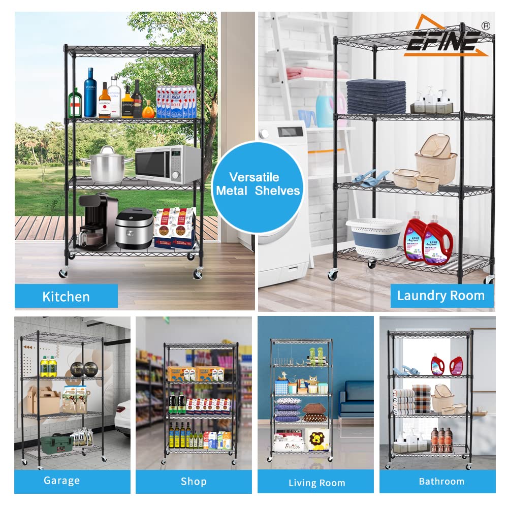 Catalina Creations EFINE 4-Shelf Shelving Units and Storage on Wheels, NSF Certified, Adjustable Carbon Steel Wire Shelving Unit Rack for Garage, Kitchen, Office, Black (50H X 30W X 14D) Catalina Creations