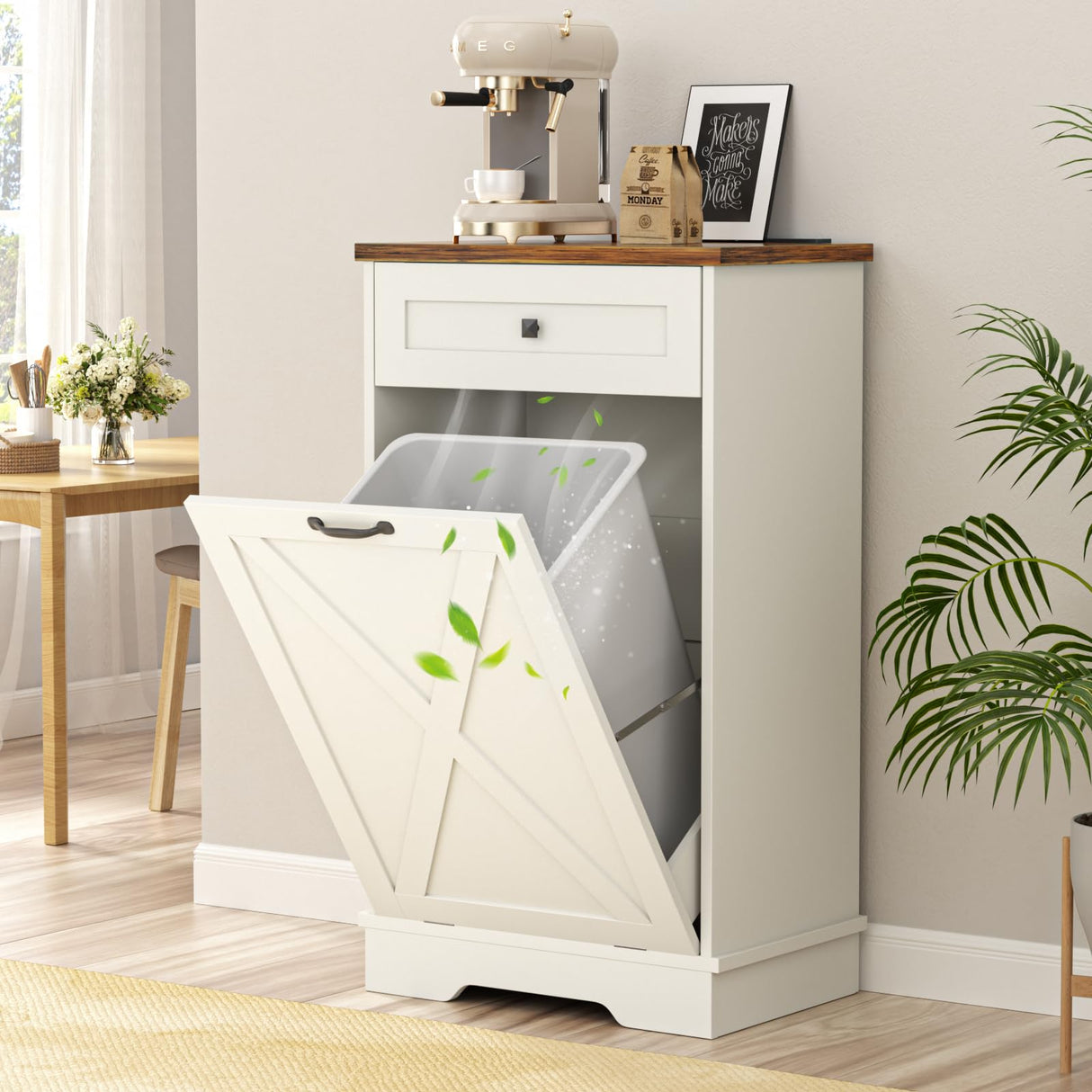 Tilt Out Trash Cabinet, Farmhouse Trash Can Cabinet w/Negative ion, Dog Proof 10 Gallon Garbage Can Cabinet for Kitchen, Bathroom, Living Room, White Halitaa