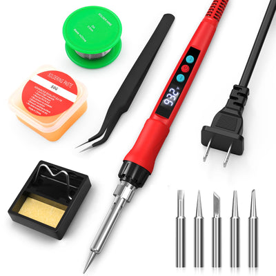 Soldering Iron Kit, 100W Soldering Gun with LED Digital Display, Adjustable Temperature 356-932℉ Solder Kit for Electronics, Includes Soldering Iron Tip, Solder Wire, Stand, Tweezers and Paste, Red