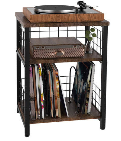 Tuohours Record Player Stand, 3 Tier End Table with Double Layer Iron Wire Mesh Turntable Stand Vinyl Record Table Storage Up to 100 Albums, Nightstand Small Side Table for Living Room Bedroom, Black