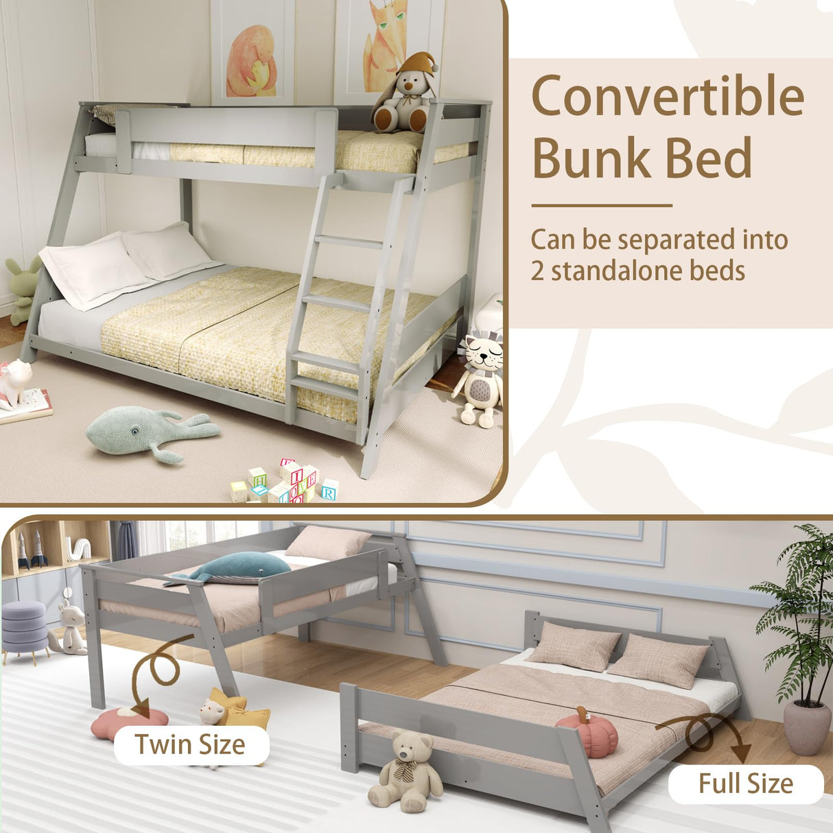 KOMFOTT Wood Twin Over Full Bunk Bed with Reversible Ladder, Wood Bunk Bed Frame with Slats Support & Safety Guardrails, Low Convertible Bunk Bed for Teens, Adults, No Box Spring Needed (Grey) KOMFOTT