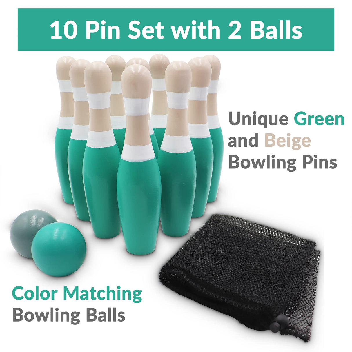 Sterling Sports Wooden Lawn Bowling 9" Skittles Set with Carrying Mesh Bag for Indoors and Outdoors - 10 Wooden Pins and 2 Balls, Green/Turquoise and Gray STERLING