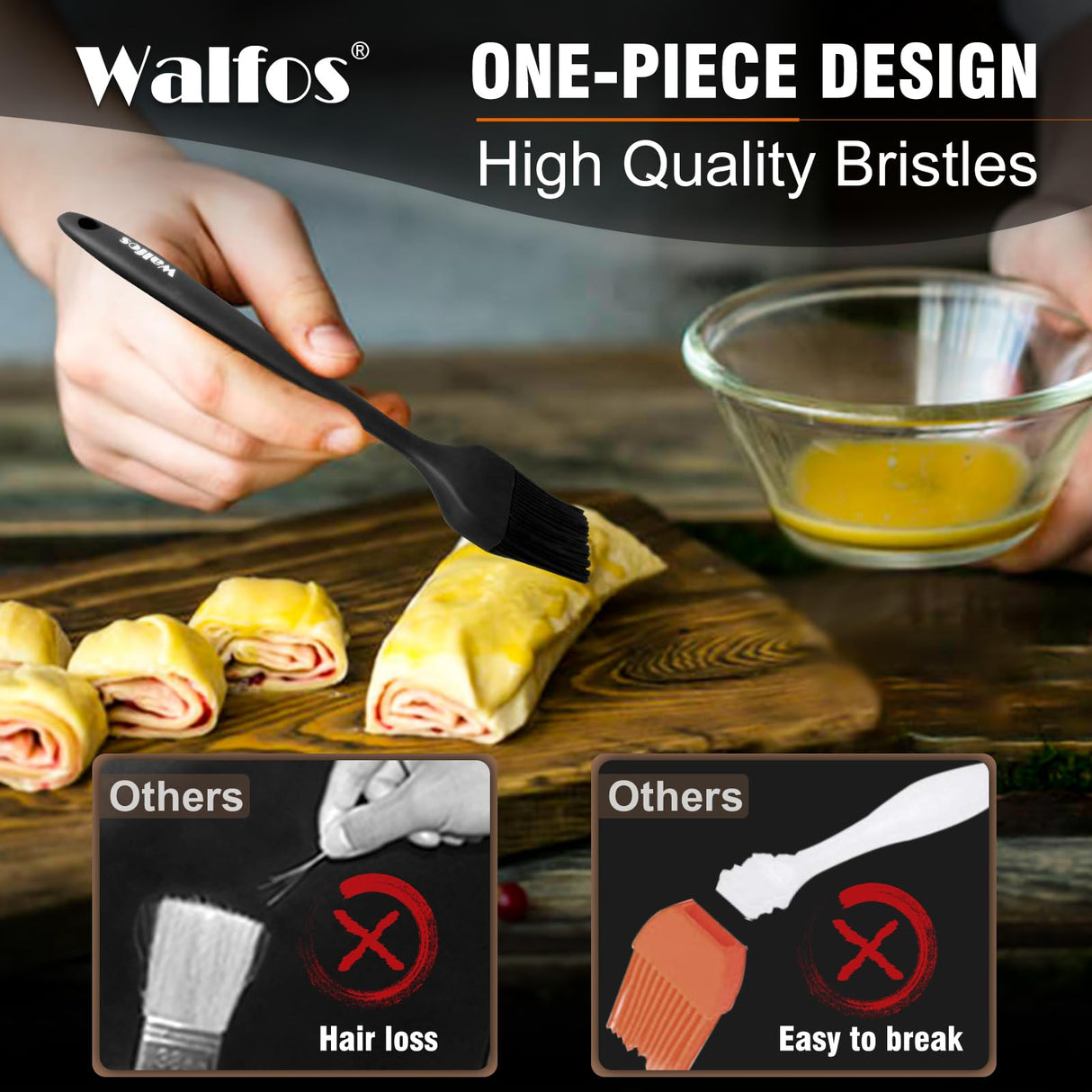Walfos Silicone Basting Pastry Brush, Heat Resistant Pastry Brush Set, Strong Steel Core and One-Pieces Design, Perfect for BBQ Grill Baking Kitchen Cooking, BPA Free and Dishwasher Safe (2 Pcs) Walfos