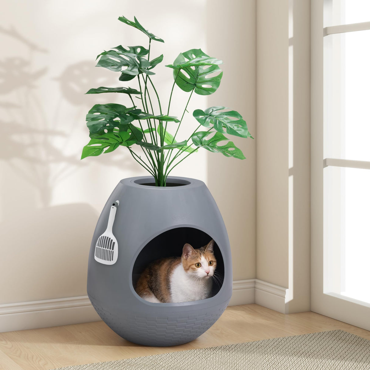 Eggloa6 Hidden Litter Box - Plant Litter Box Enclosure with Artificial Plants, DIY Cat Litter Box Furniture Extra Large (Grey) COZIWOW