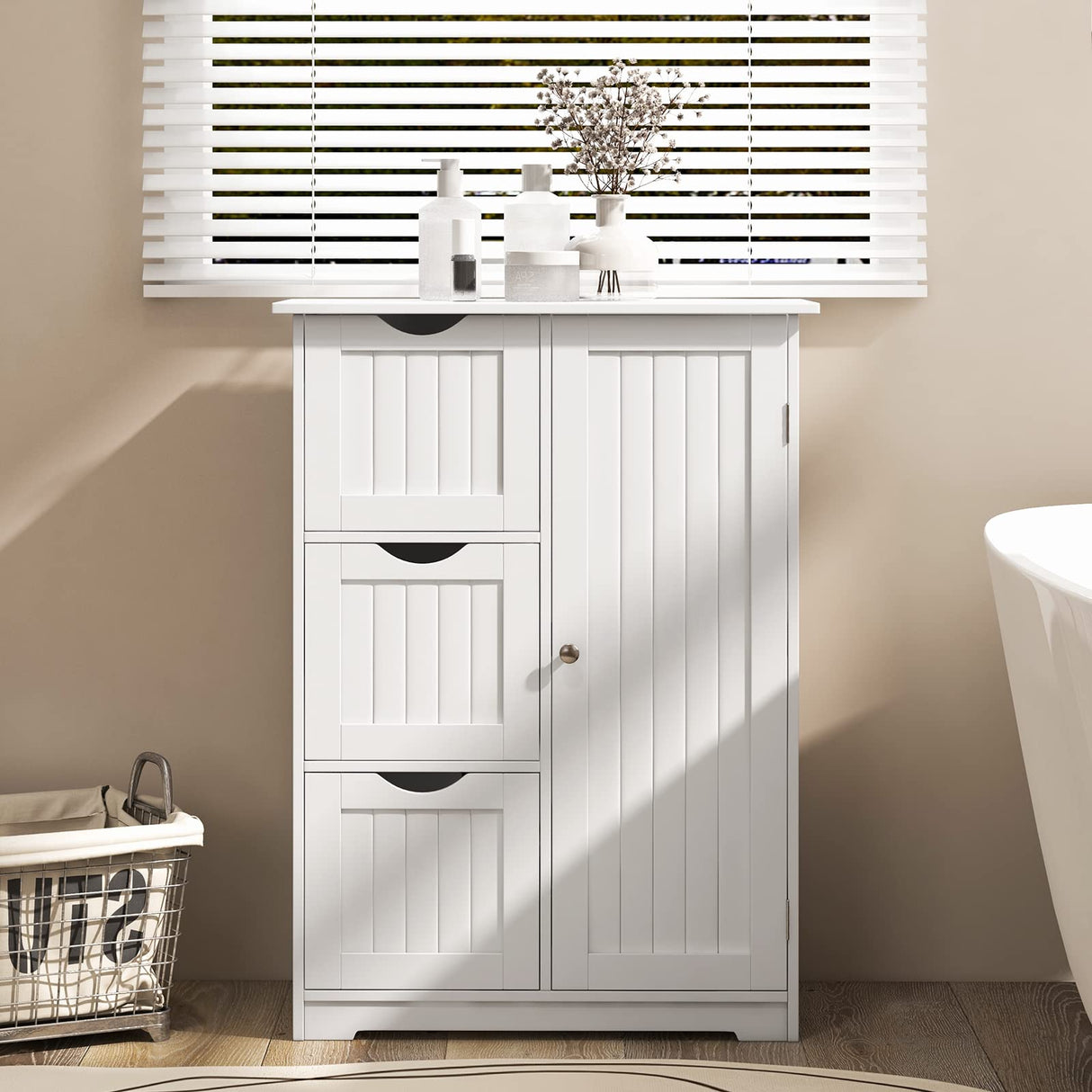Tangkula White Freestanding Bathroom Floor Cabinet with 3 Drawers and Adjustable Shelf Tangkula