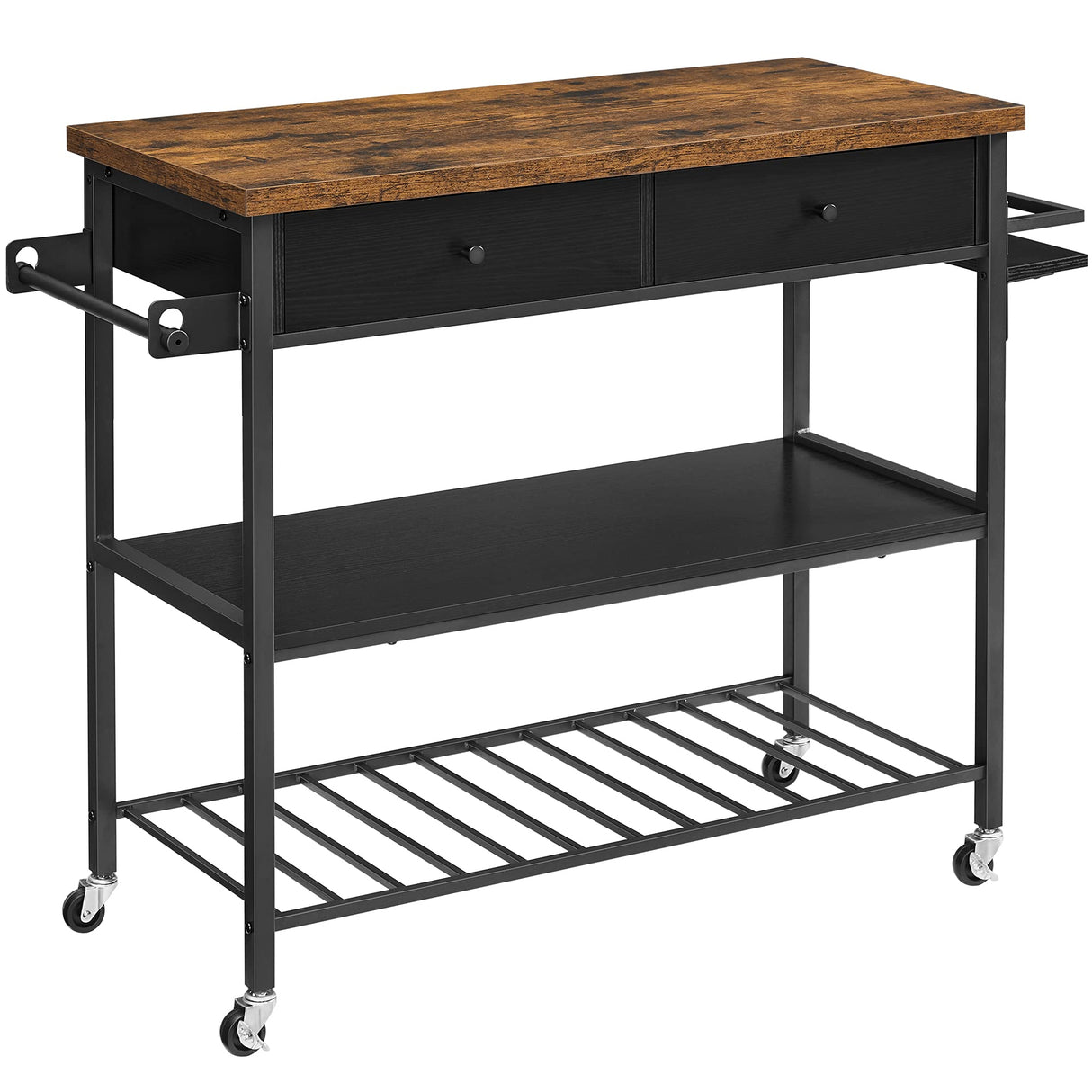 VASAGLE Kitchen Island, Kitchen Cart, 3-Tier Microwave Stand with 2 Drawers, Towel Bar, Spice Holder, 17.7 x 46.9 x 35.8 Inches, Rustic Brown and Black UKKI003B01 VASAGLE